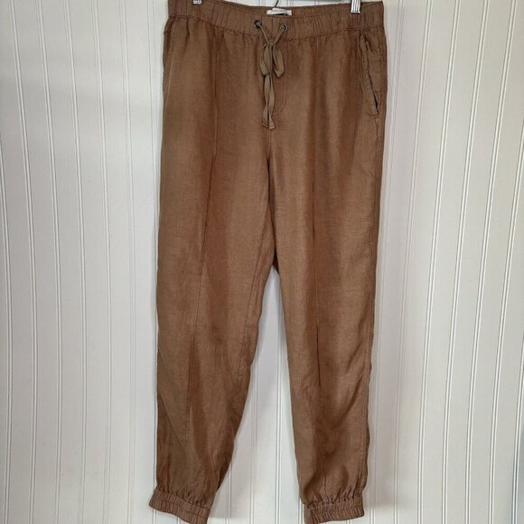 H by Halston Jogger Pants Med 100% Linen Pull On Elastic Drawstring Waist Tan - Picture 2 of 15